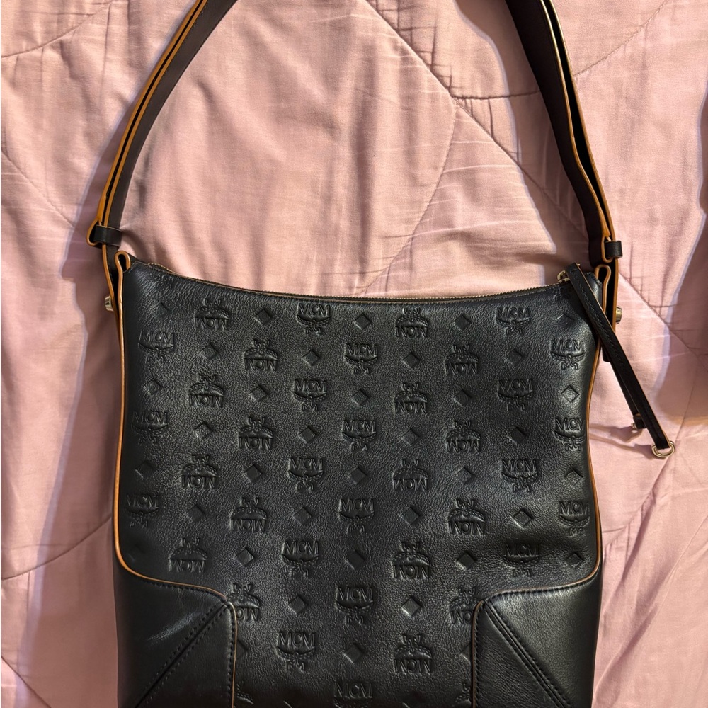 MCM Black Shoulder Bag with Embossed Monogram